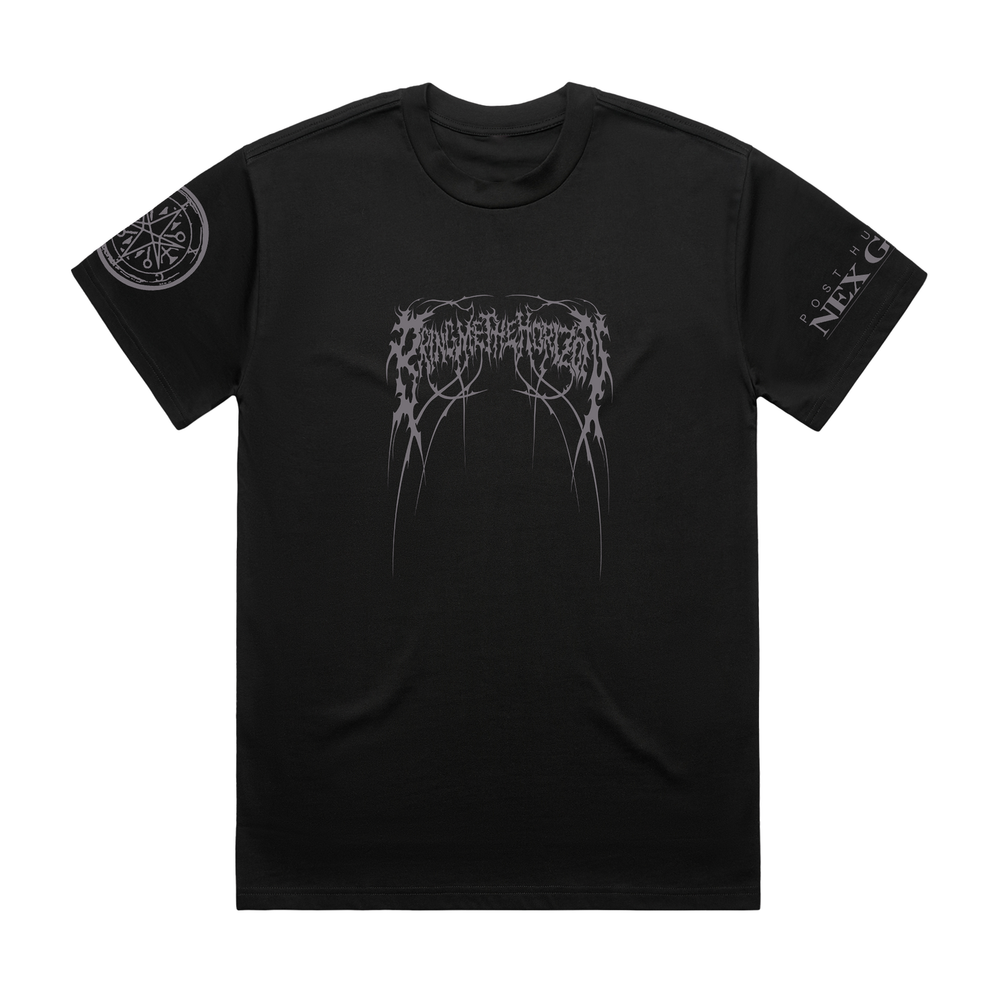 Black unisex short-sleeve regular fit T-shirt with grey Bring Me the Horizon logo print across the front chest, grey BMTH print across the right sleeve, and grey NeX GEn print across the left sleeve.