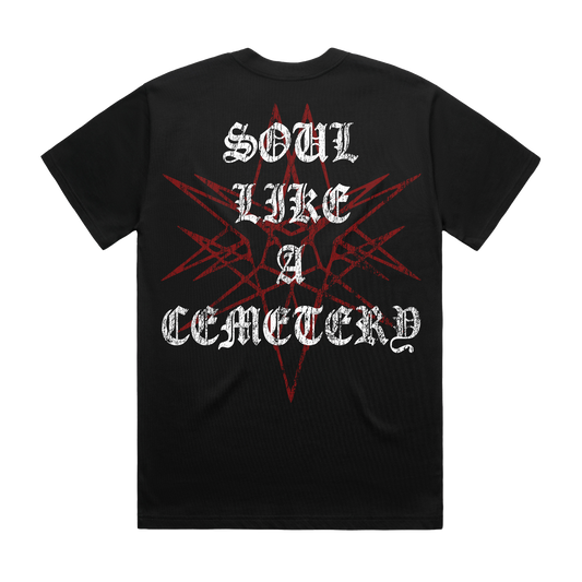 Black unisex short-sleeve regular fit T-shirt with red and white Bring Me the Horizon 'Soul Like a Cemetery' print across the front and back.