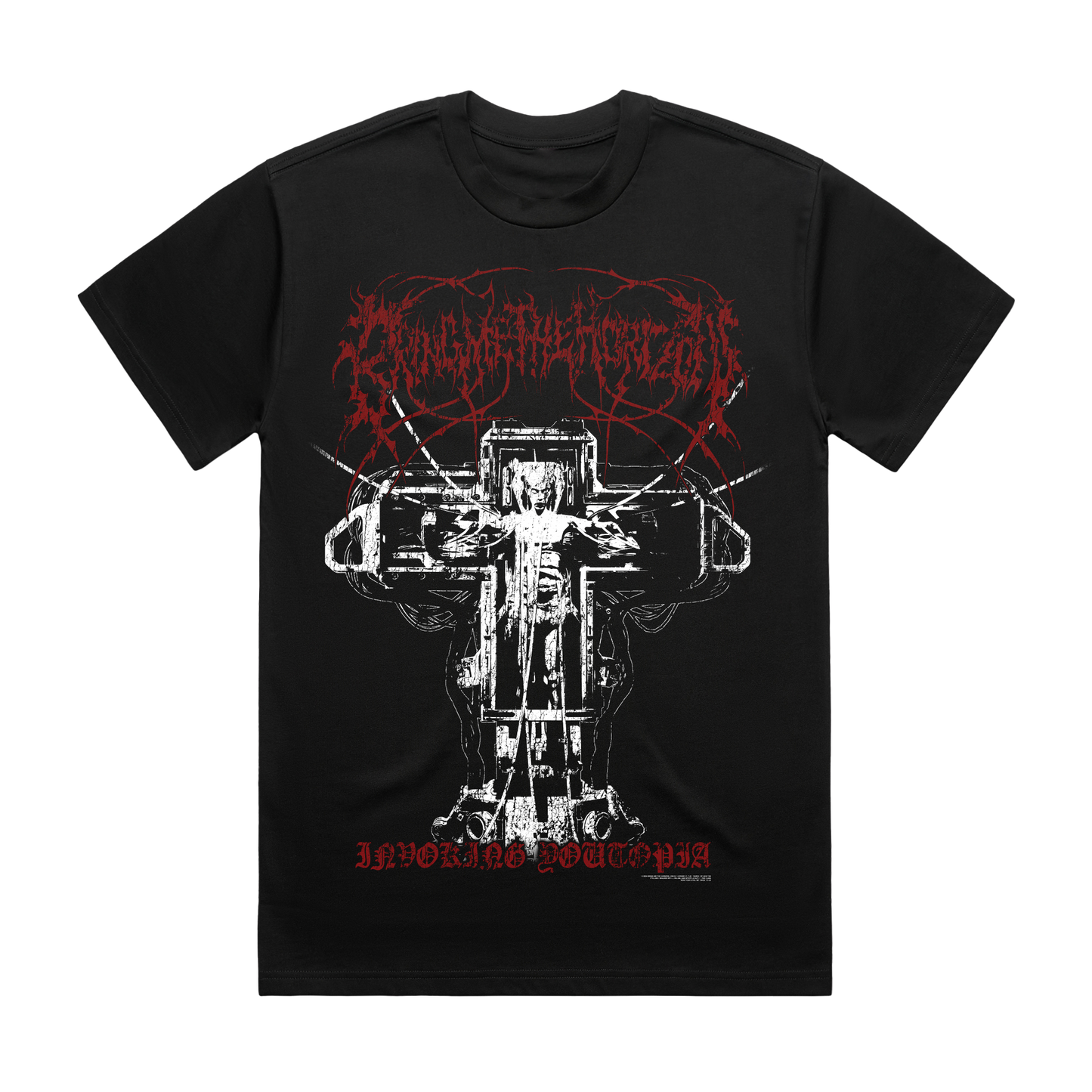 Black unisex short-sleeve regular fit T-shirt with red and white Bring Me the Horizon 'Soul Like a Cemetery' print across the front and back.
