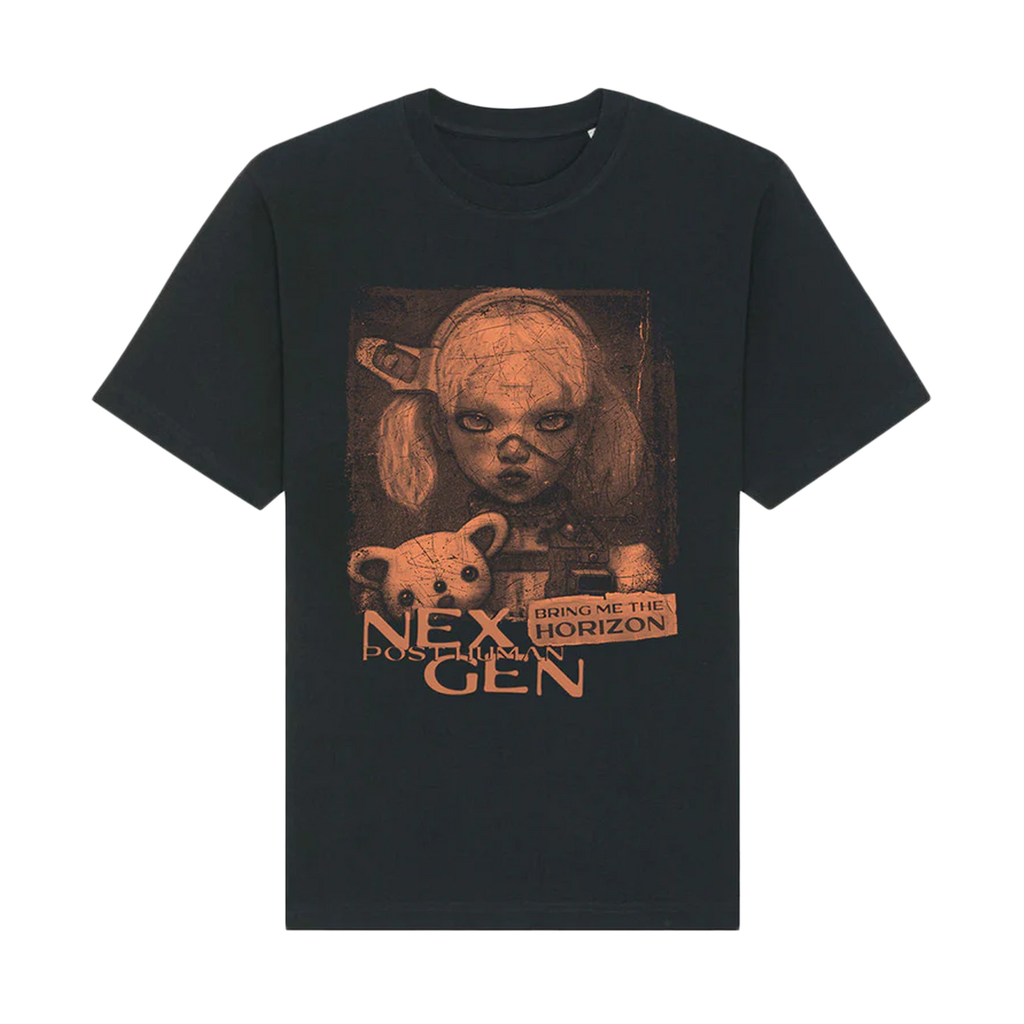 Black unisex short-sleeve regular fit T-shirt with Bring Me the Horizon Post Human: NeX GEn print across the front.