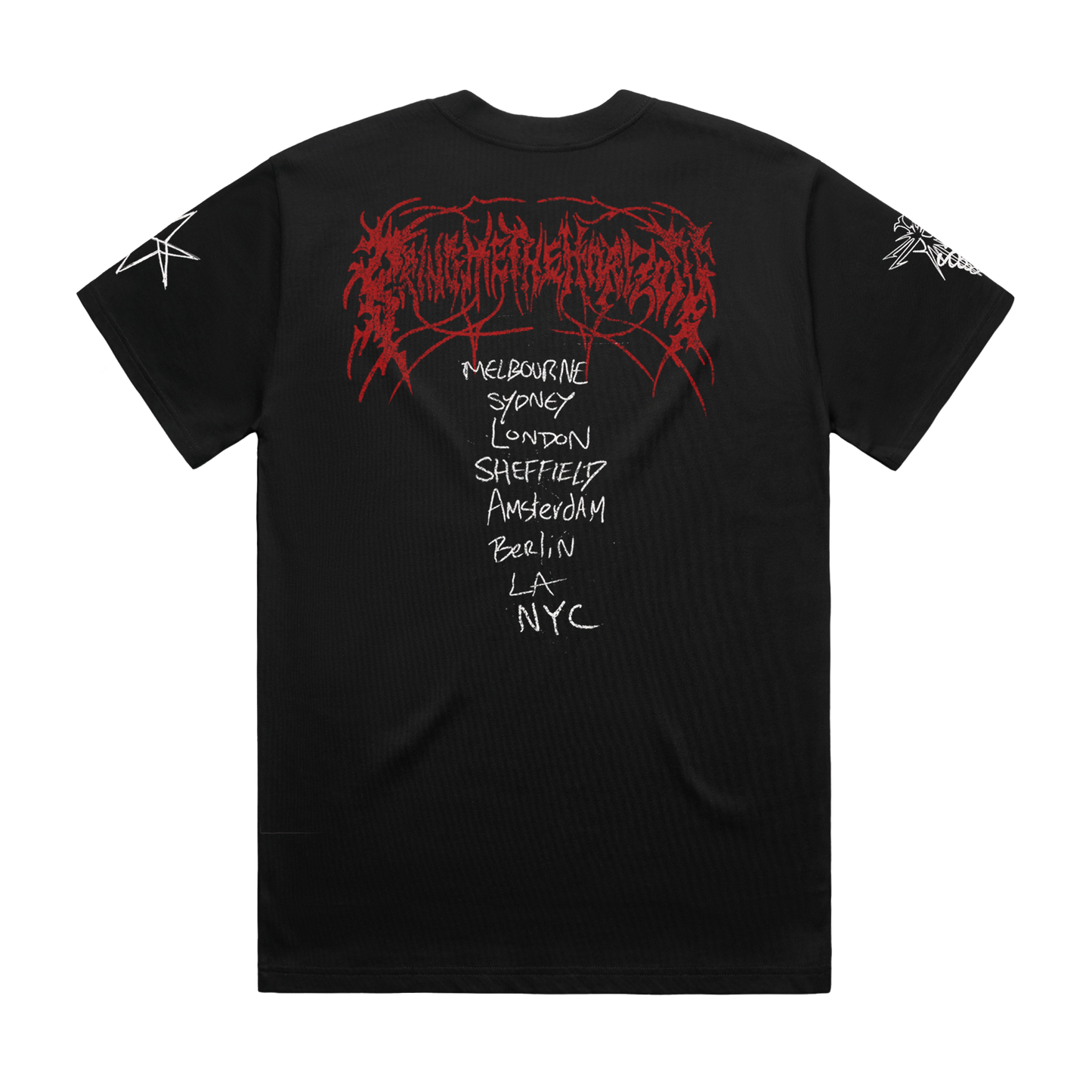 Black unisex short-sleeve regular fit T-Shirt with Bring me The Horizon pop-up cities print across the back