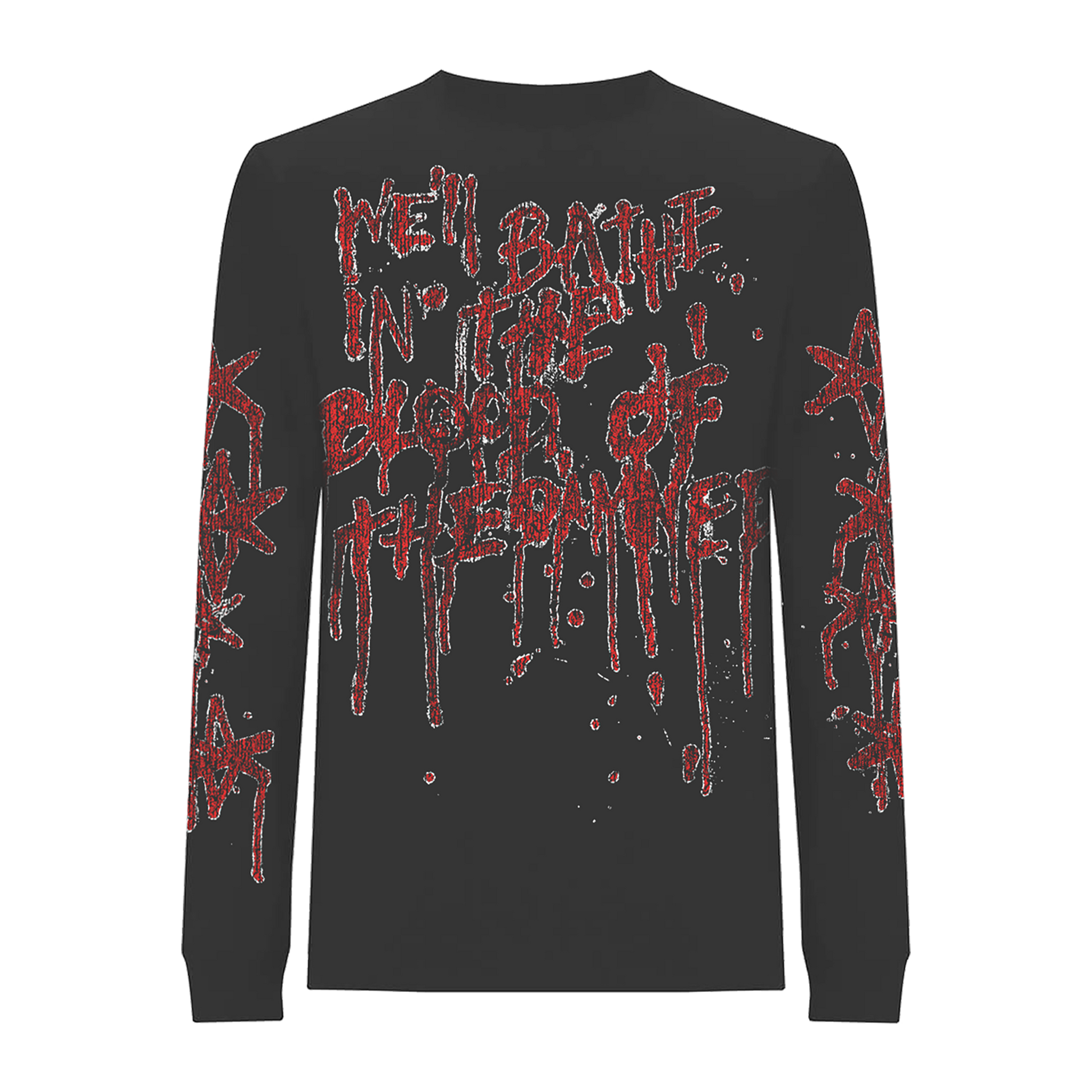 Black unisex long-sleeve regular fit T-shirt with red 'We Bathe in the Blood of the Damned' text print across the back.