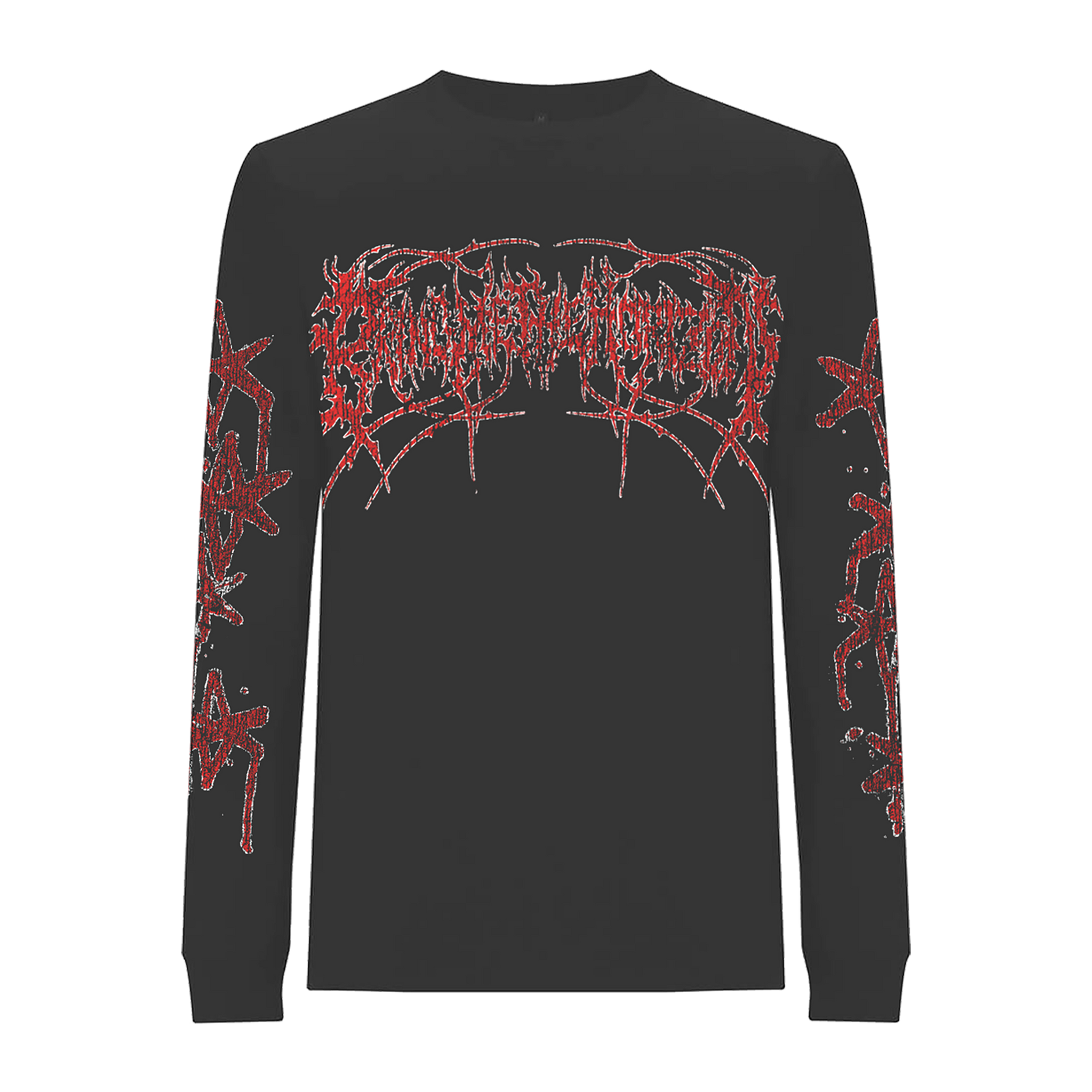 Black unisex long-sleeve regular fit T-shirt with red Bring Me the Horizon text print across the front and along the sleeves.