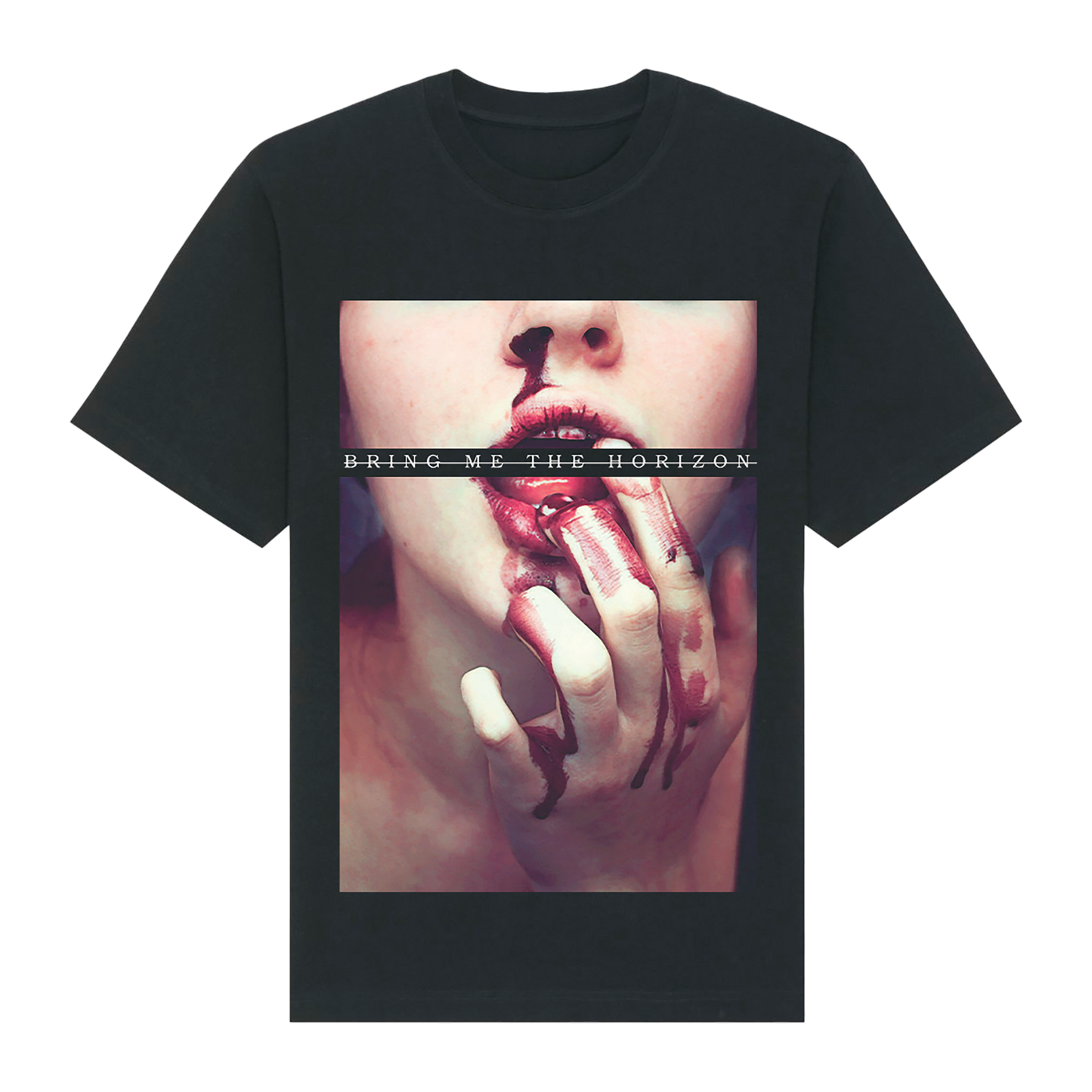 Black unisex short-sleeve regular fit T-Shirt with Bring me The Horizon Bloodlust print across the front