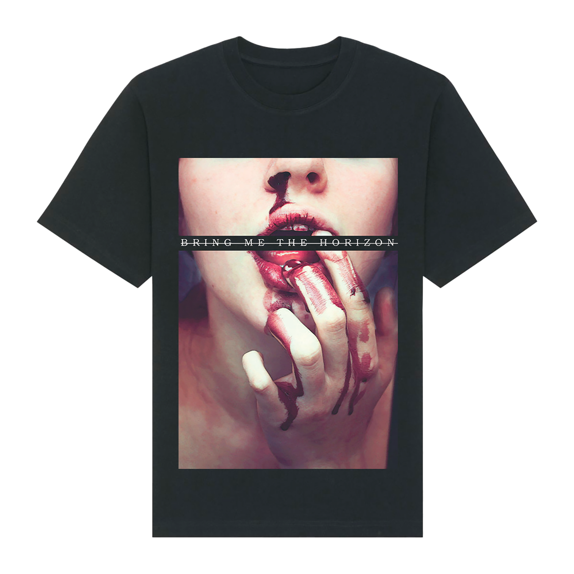 Black unisex short-sleeve regular fit T-Shirt with Bring me The Horizon Bloodlust print across the front