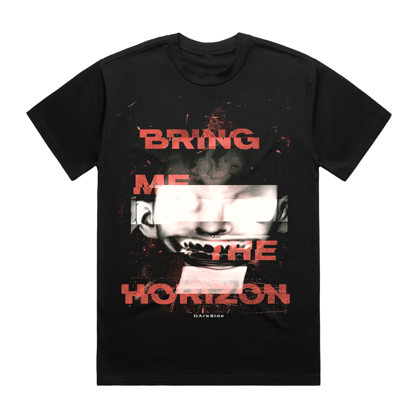 Black short-sleeve unisex regular fit T-shirt with Bring Me the Horizon glitch print across the front.