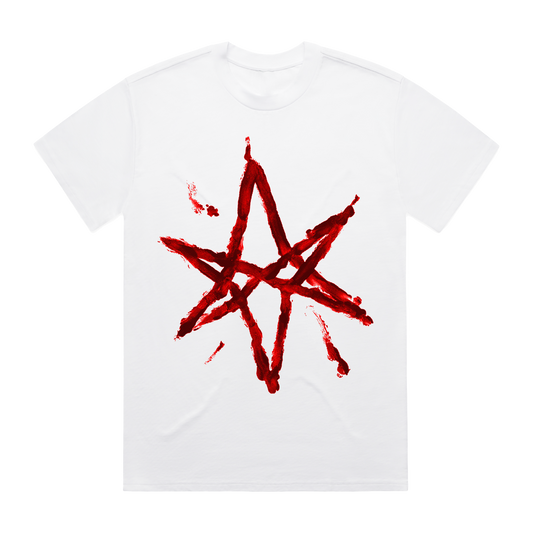 White unisex short-sleeve regular fit T-shirt with Bring Me the Horizon blood hex print across the front.