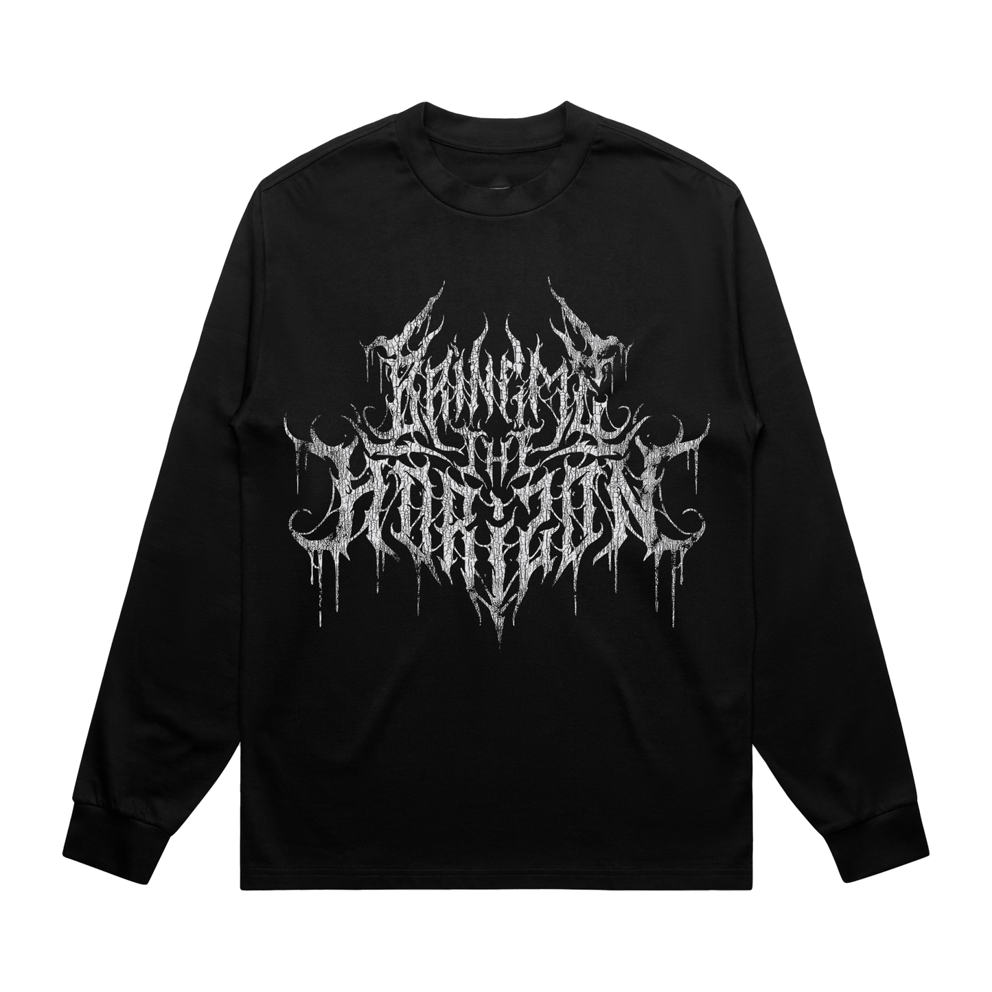 Black unisex long-sleeve regular fit T-shirt with silver 'Bring Me the Horizon' text print across the front and silver hex print across the back.