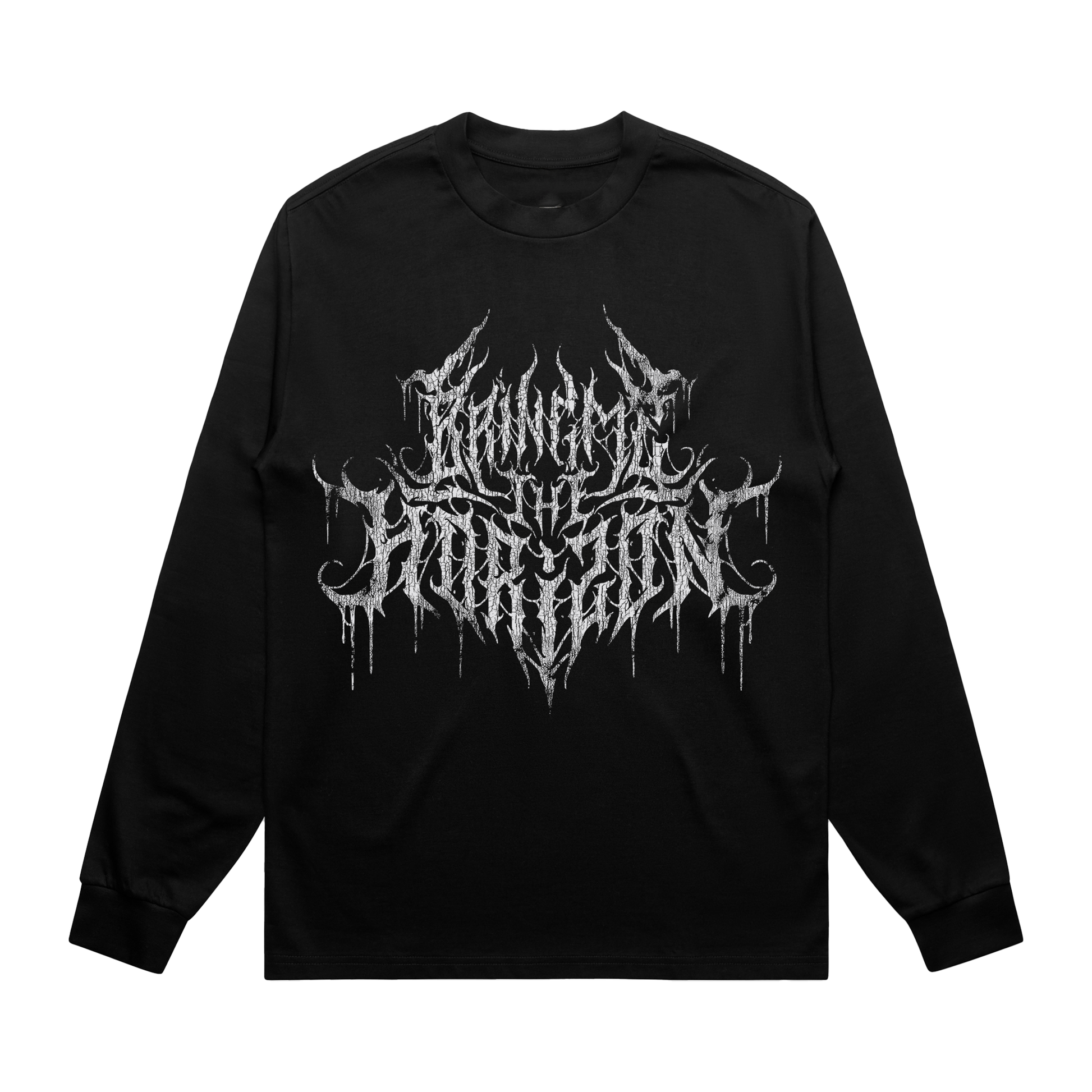 Black unisex long-sleeve regular fit T-shirt with silver 'Bring Me the Horizon' text print across the front and silver hex print across the back.