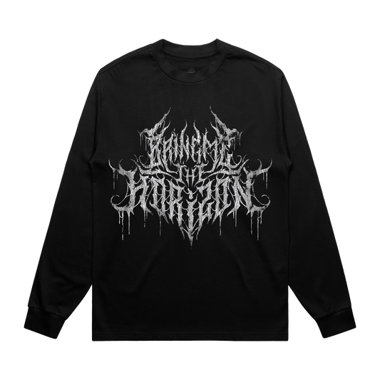 Black unisex long-sleeve regular fit T-shirt with silver 'Bring Me the Horizon' text print across the front and silver hex print across the back.