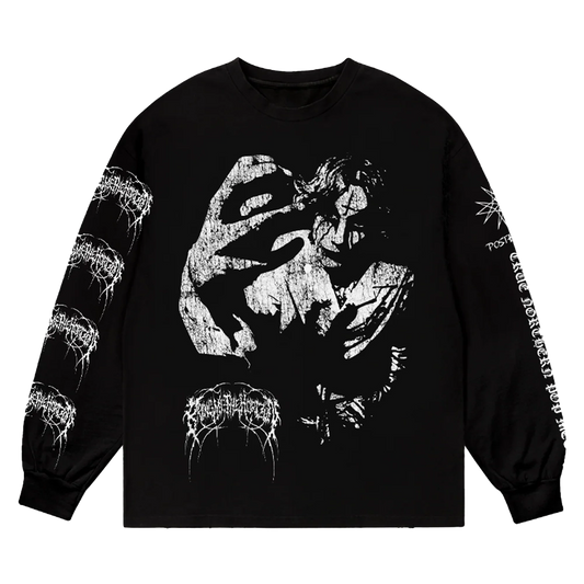 Black unisex regular fit crewneck with white Bring me The Horizon print across the front and sleeves