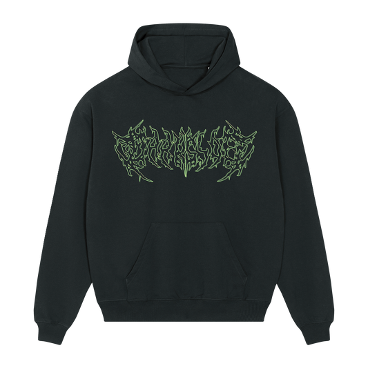 Black unisex hoodie with green Bring Me the Horizon text print across the front.