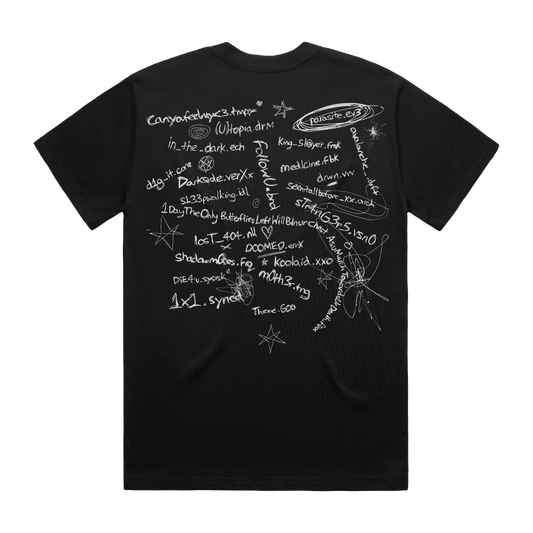 Back view of a black short-sleeve unisex T-Shirt with white Bring me The Horizon lo-files tracklist print all-over the back