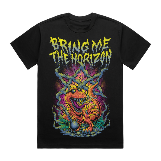 Black unisex short-sleeve regular fit T-Shirt with Bring me the Horizon smoking Dinosaur print across the front