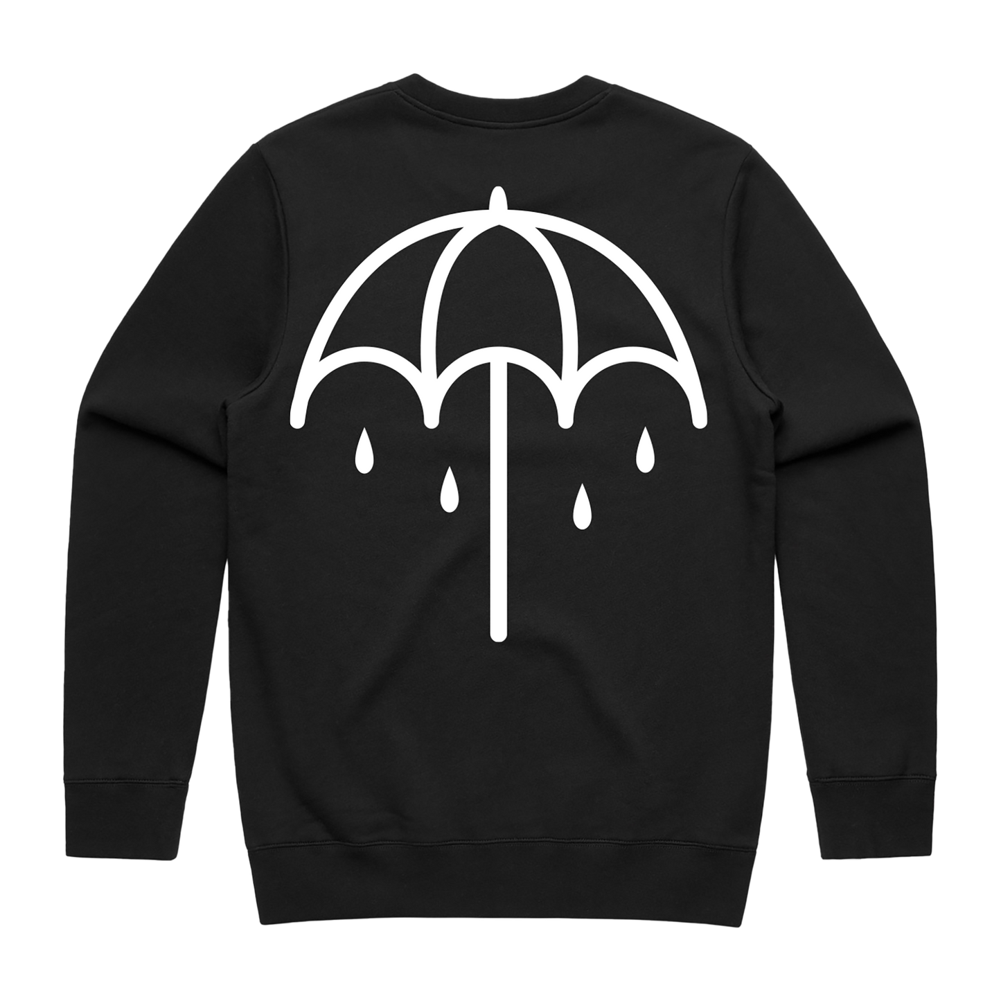 Black crewneck sweatshirt with a white umbrella print across the back.