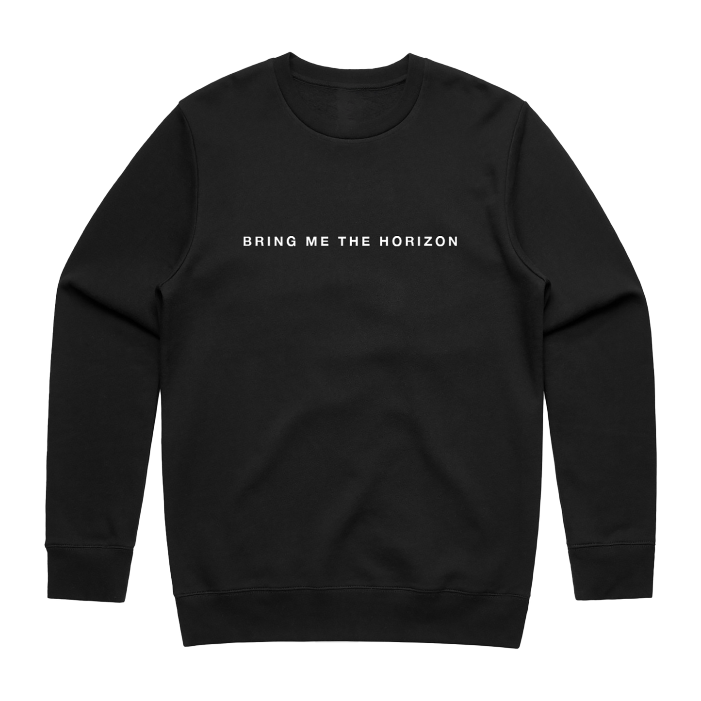 Black crewneck with white text reading “Bring Me the Horizon” across the chest.