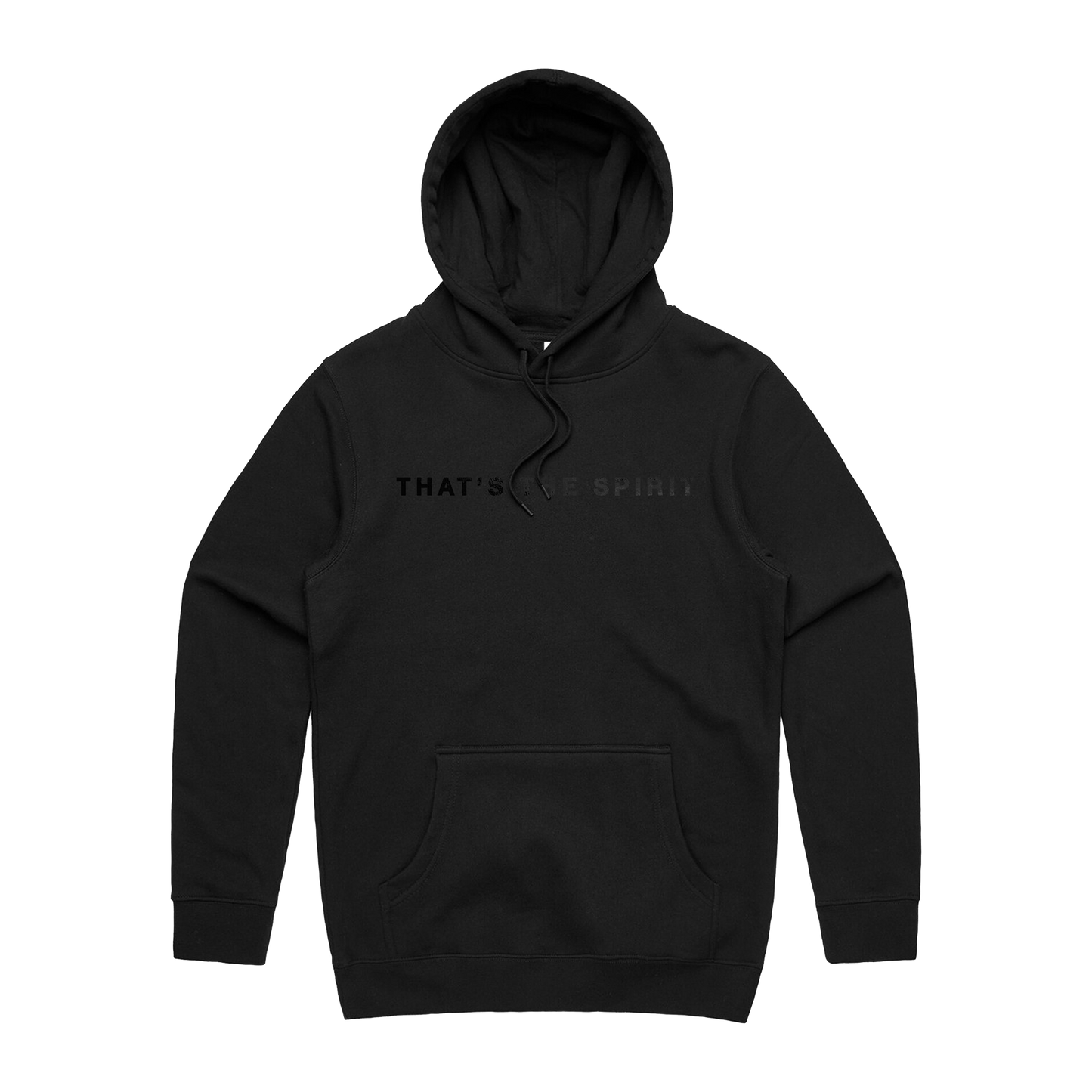 Washed black hoodie with a bold black 'That's the Sprit' text print across the front