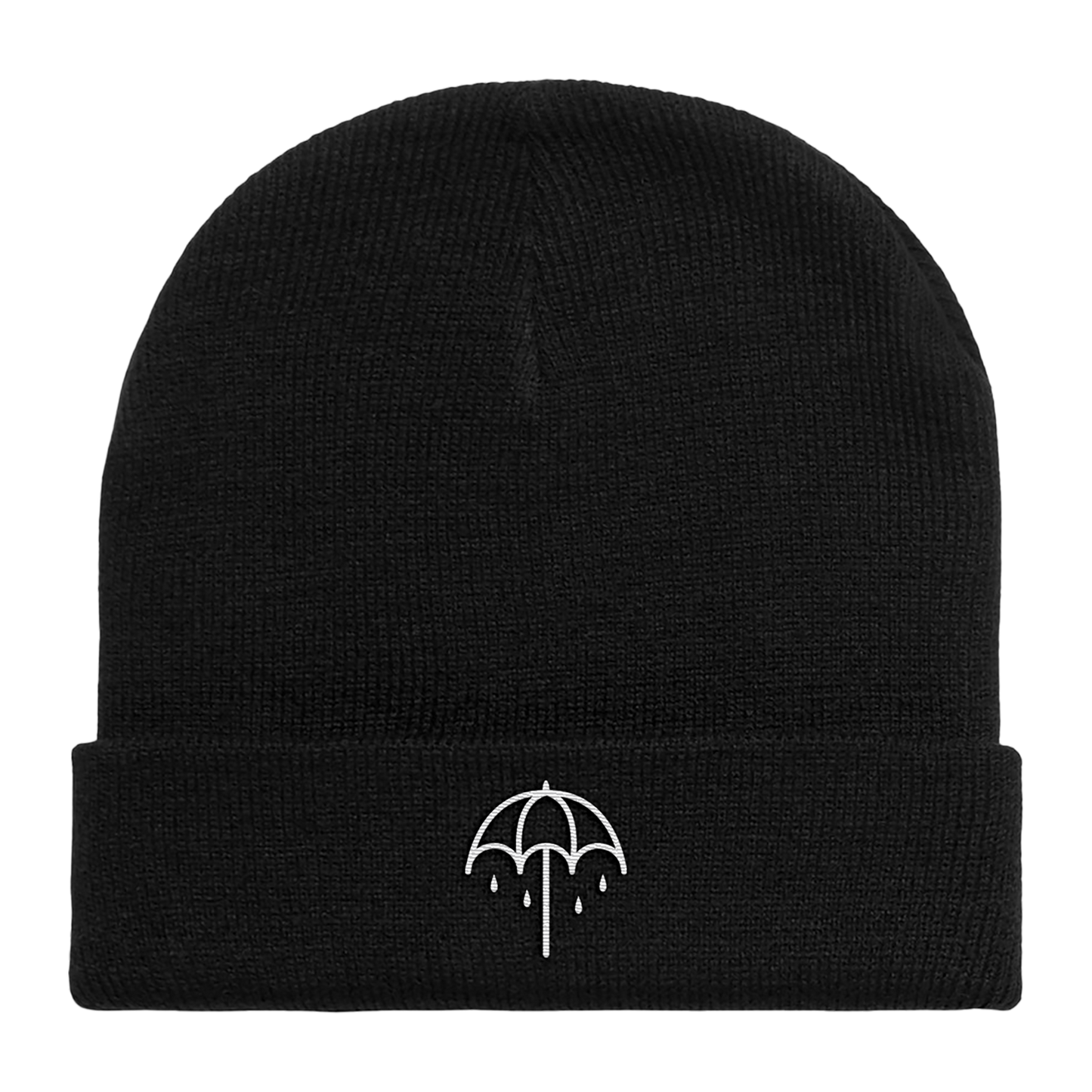 Black roll-up beanie with a white umbrella on the front cuff.