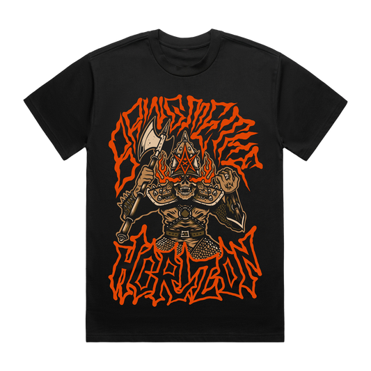 Black unisex short-sleeve regular fit t-shirt with Bring Me the Horizon Warrior print across the front