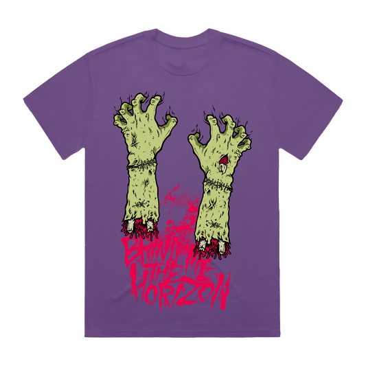 Purple unisex short-sleeve regular fit T-Shirt with Bring Me the Horizon zoombie hand print across the front