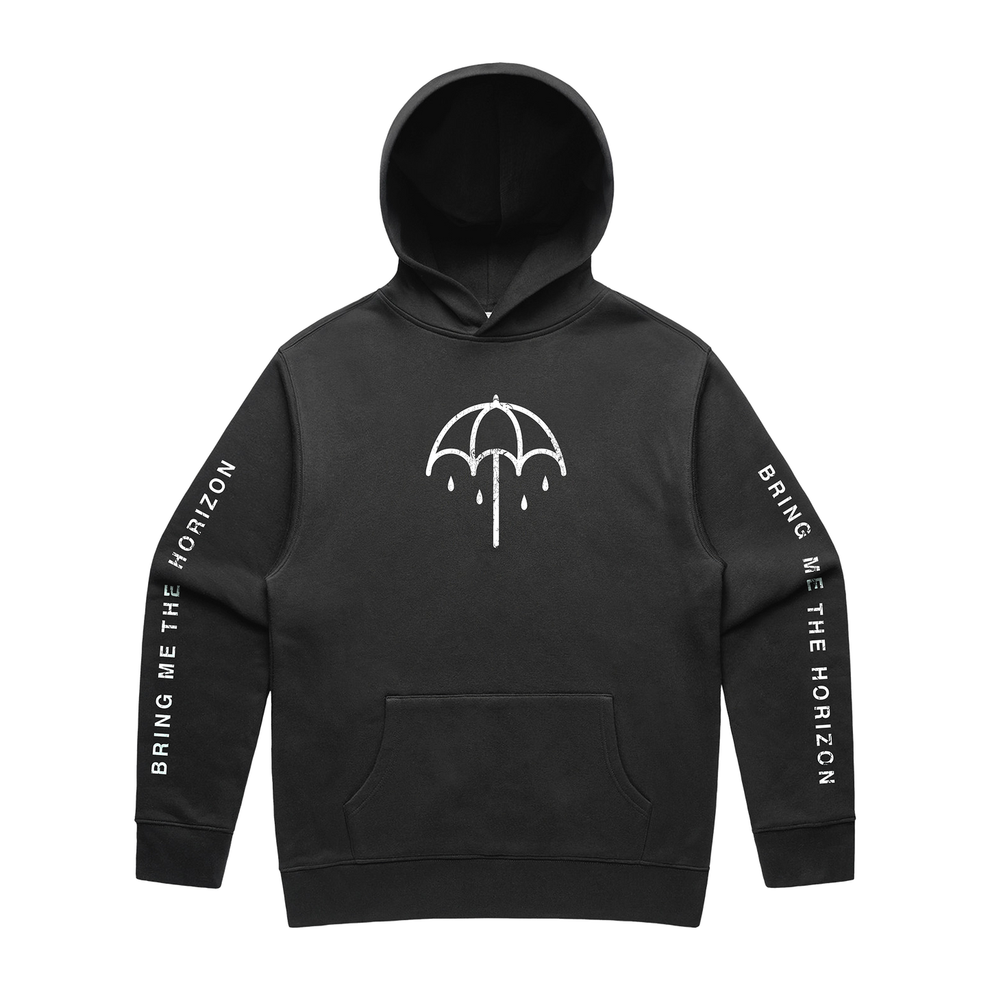 Washed black hoodie with white Bring Me the Horizon text printed along both sleeves and a white umbrella print on the chest.