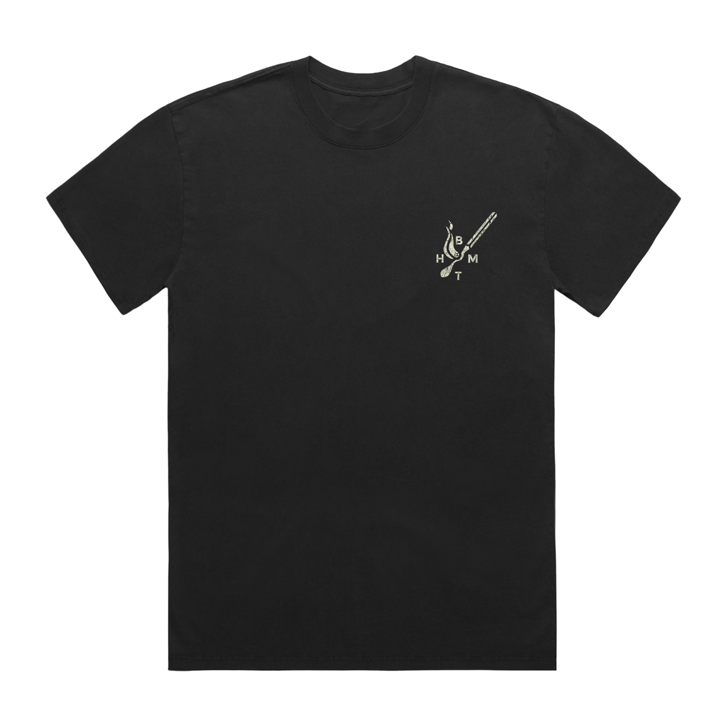 Black short-sleeve T-shirt featuring a BMTH matchstick print on the right chest.