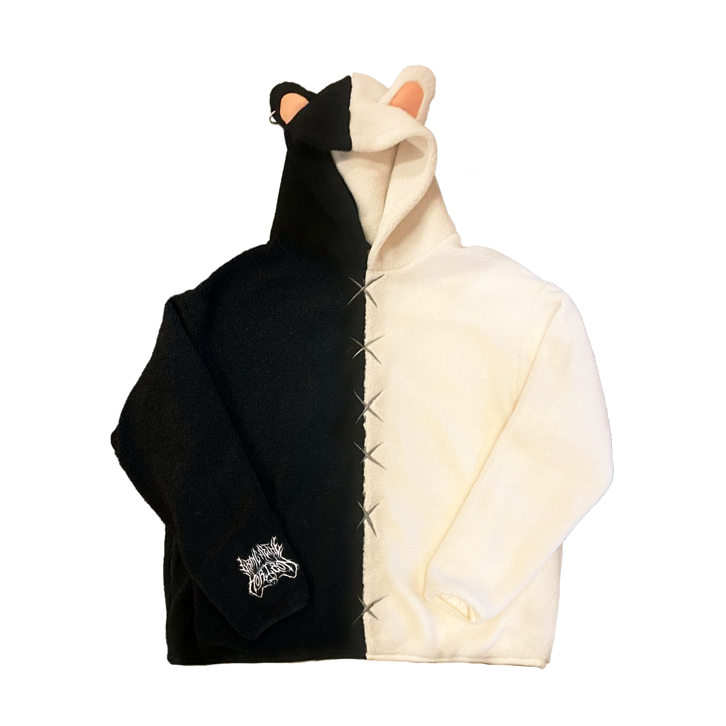 Black and white unisex hooded fleece with a split design—right side black, left side white. The hood has a pair of ears, and the right sleeve cuff features white 'Horizon' embroidery.