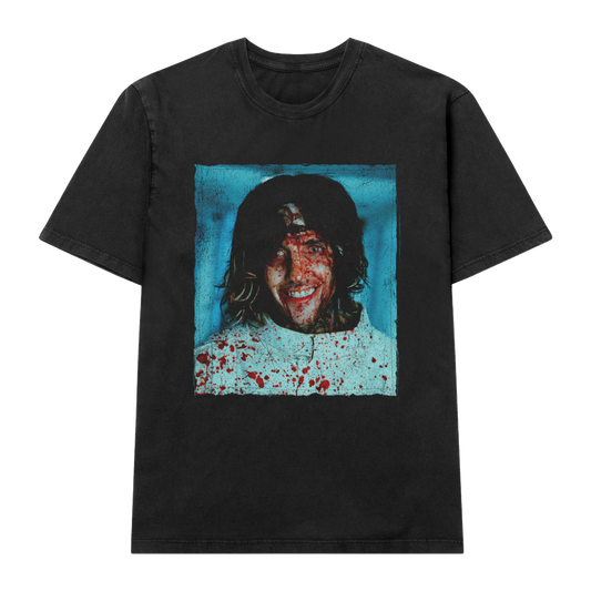 Black unisex short-sleeve relaxed fit t-shirt with Bring Me the Horizon photo print centred across the front