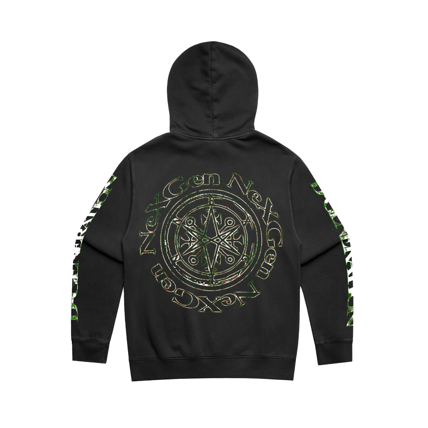 Black unisex hoodie with BMTH NeX GEn print across the front and back, and 'D-Gen' print along the sleeves.