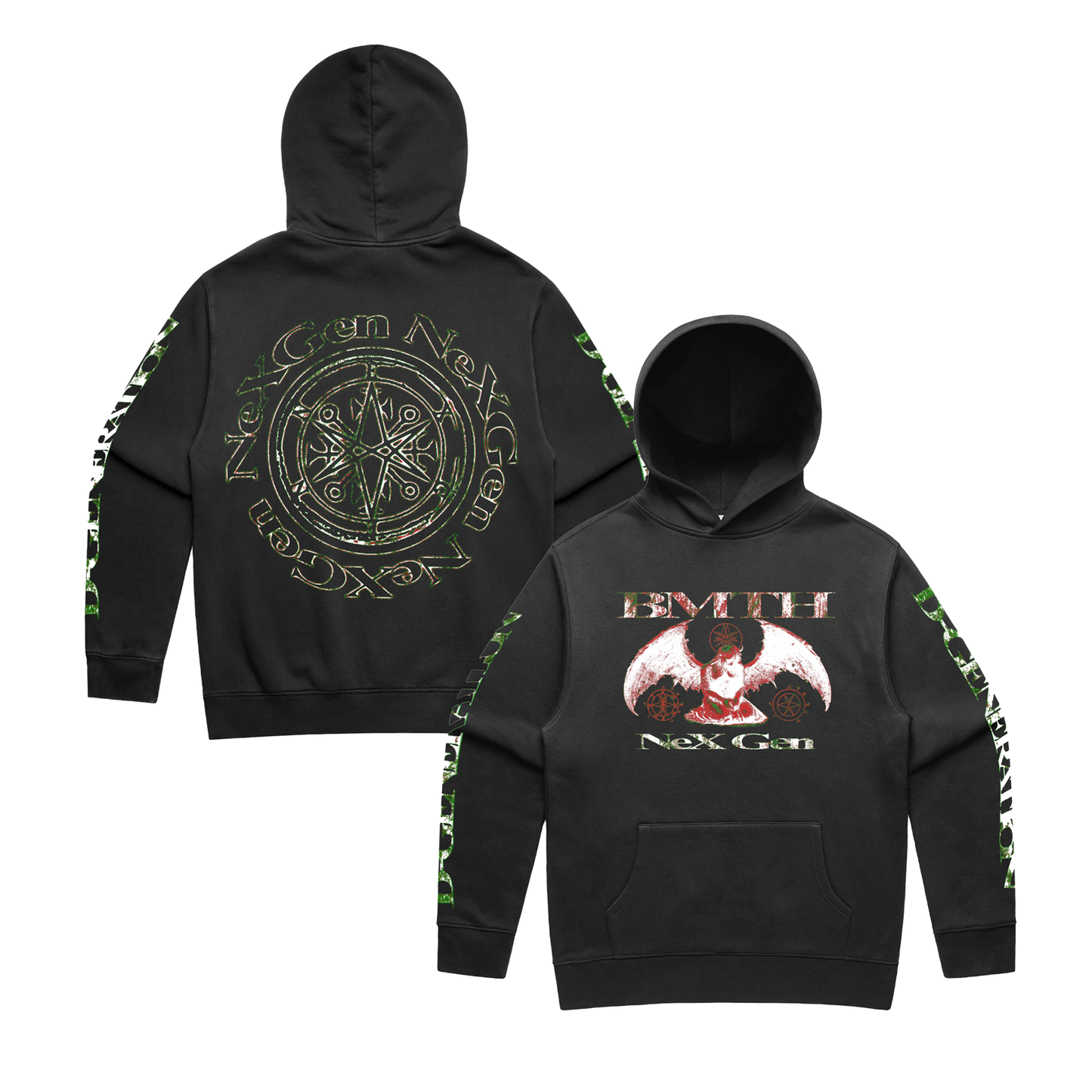 Black unisex hoodie with BMTH NeX GEn print across the front and back, and 'D-Gen' print along the sleeves.