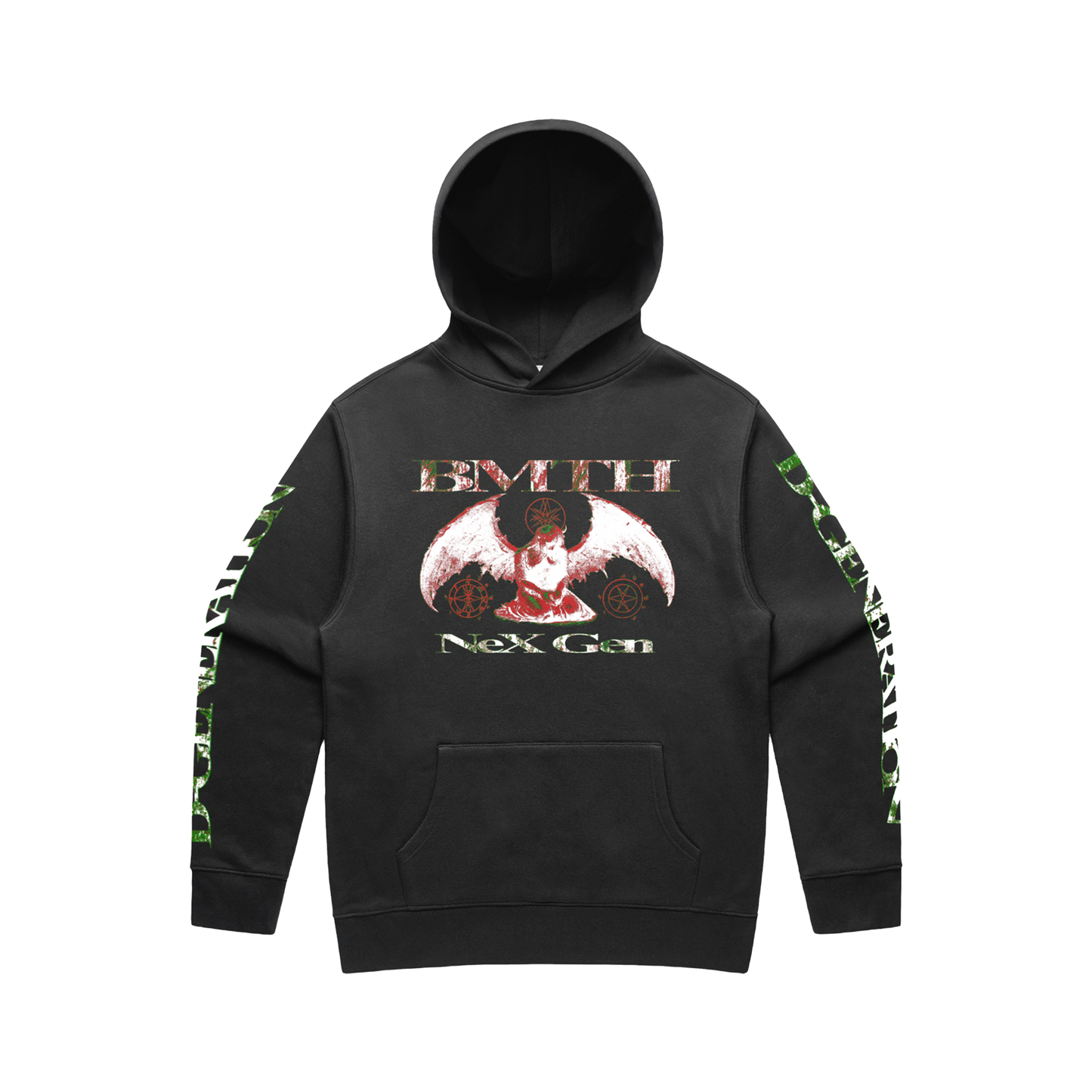 Black unisex hoodie with BMTH NeX GEn print across the front and back, and 'D-Gen' print along the sleeves.