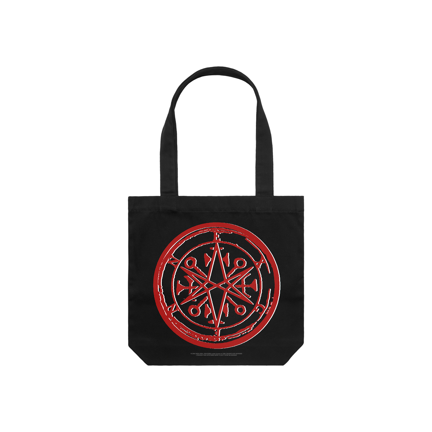 Black cotton tote bag with red Bring me The Horizon print across both sides