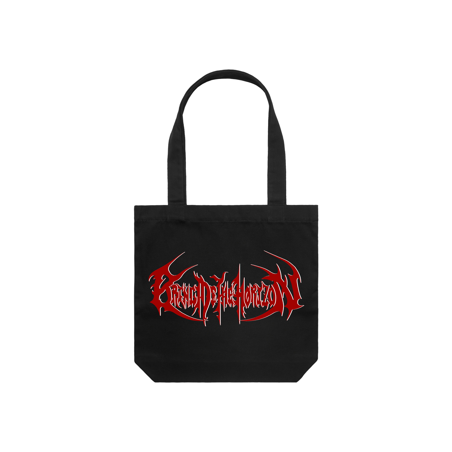 Black cotton tote bag with red Bring me The Horizon print across both sides