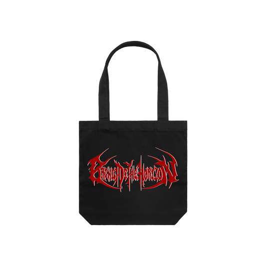 Black cotton tote bag with red Bring me The Horizon print across both sides