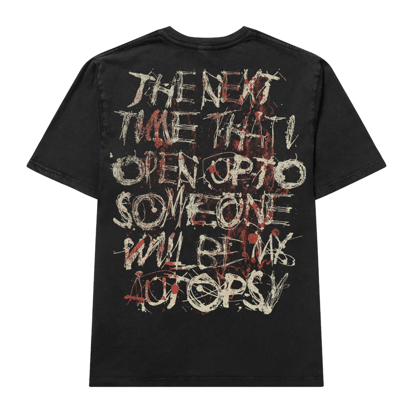 Black unisex short-sleeve relaxed fit T-Shirt with Bring Me the Horizon ''The next time that I open up to someone will be my autopsy' lyric print across the back