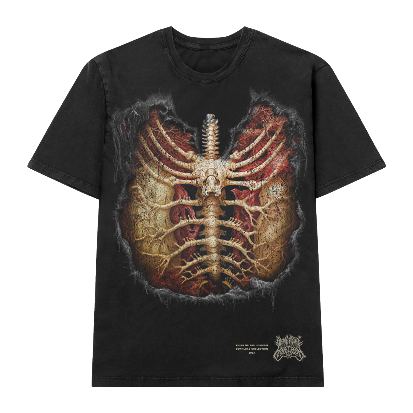 Black unisex short-sleeve relaxed fit t-shirt with Bring Me the Horizon ribcage print across the front