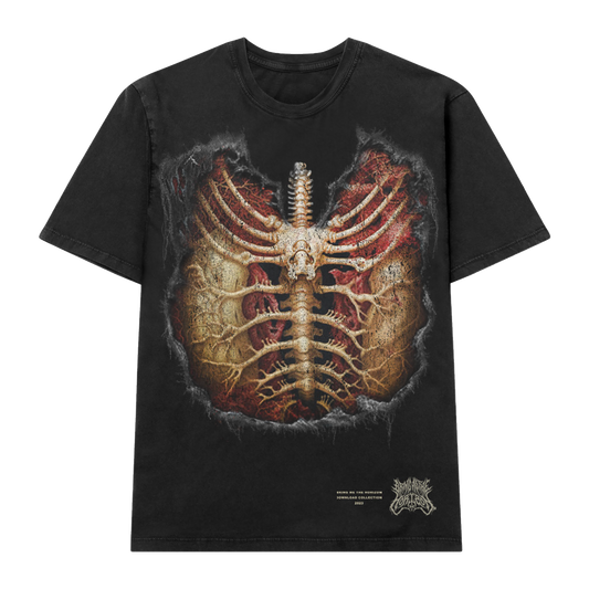 Black unisex short-sleeve relaxed fit t-shirt with Bring Me the Horizon ribcage print across the front
