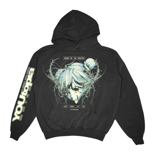 Black unisex hoodie with Bring Me the Horizon Youtopia print across the front and along the right sleeve