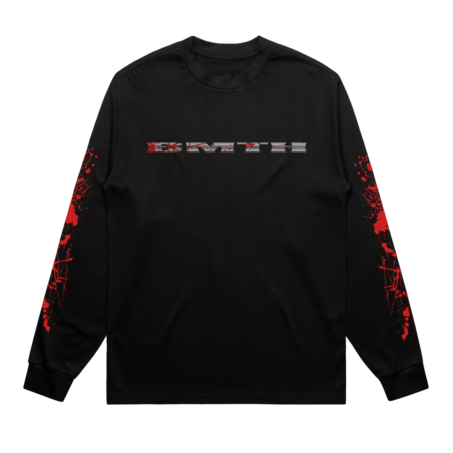 Black unisex long-sleeve regular fit T-shirt with silver and red BMTH text print across the chest, and red bloodbath print across the sleeves and back.