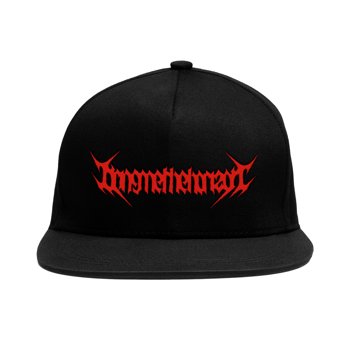 Black unisex trucker hat with red print across the front