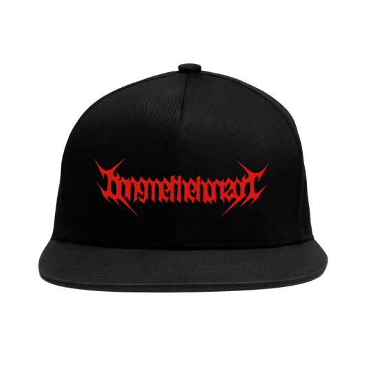 Black unisex trucker hat with red print across the front