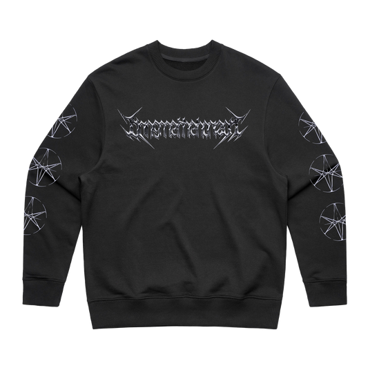 Black unisex regular fit crewneck with Bring Me the Horizon chrome print across the front and chrome hex print along the sleeves.