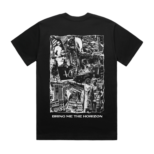 Black unisex short-sleeve regular fit T-shirt with white Bring Me the Horizon star print across the chest and collage print across the back.