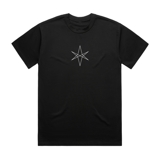 Black unisex short-sleeve regular fit T-shirt with white Bring Me the Horizon hex print across the chest.