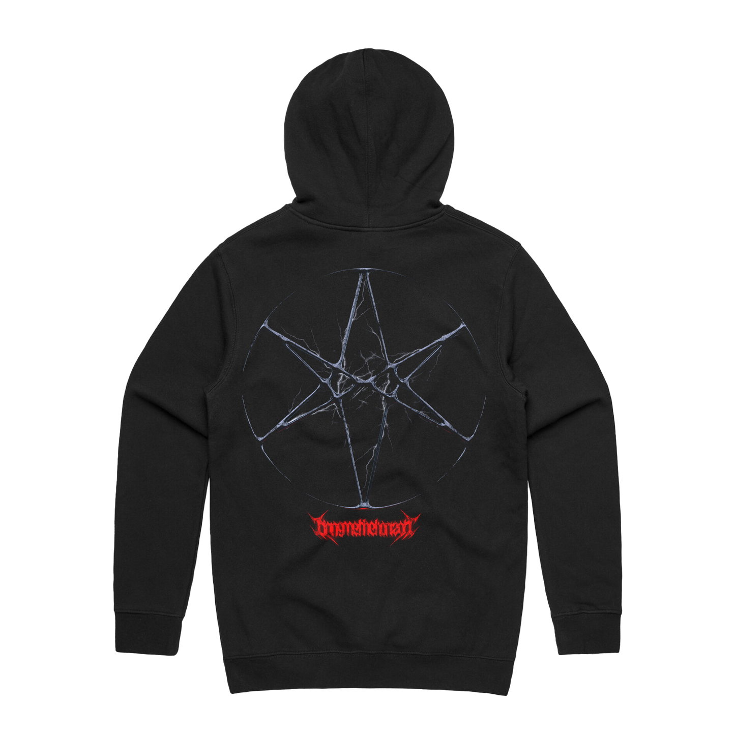 Black unisex regular fit hoodie with drawstring hood and kangaroo pocket on the front, featuring BMTH thorn skull print across the front and hex print across the back.