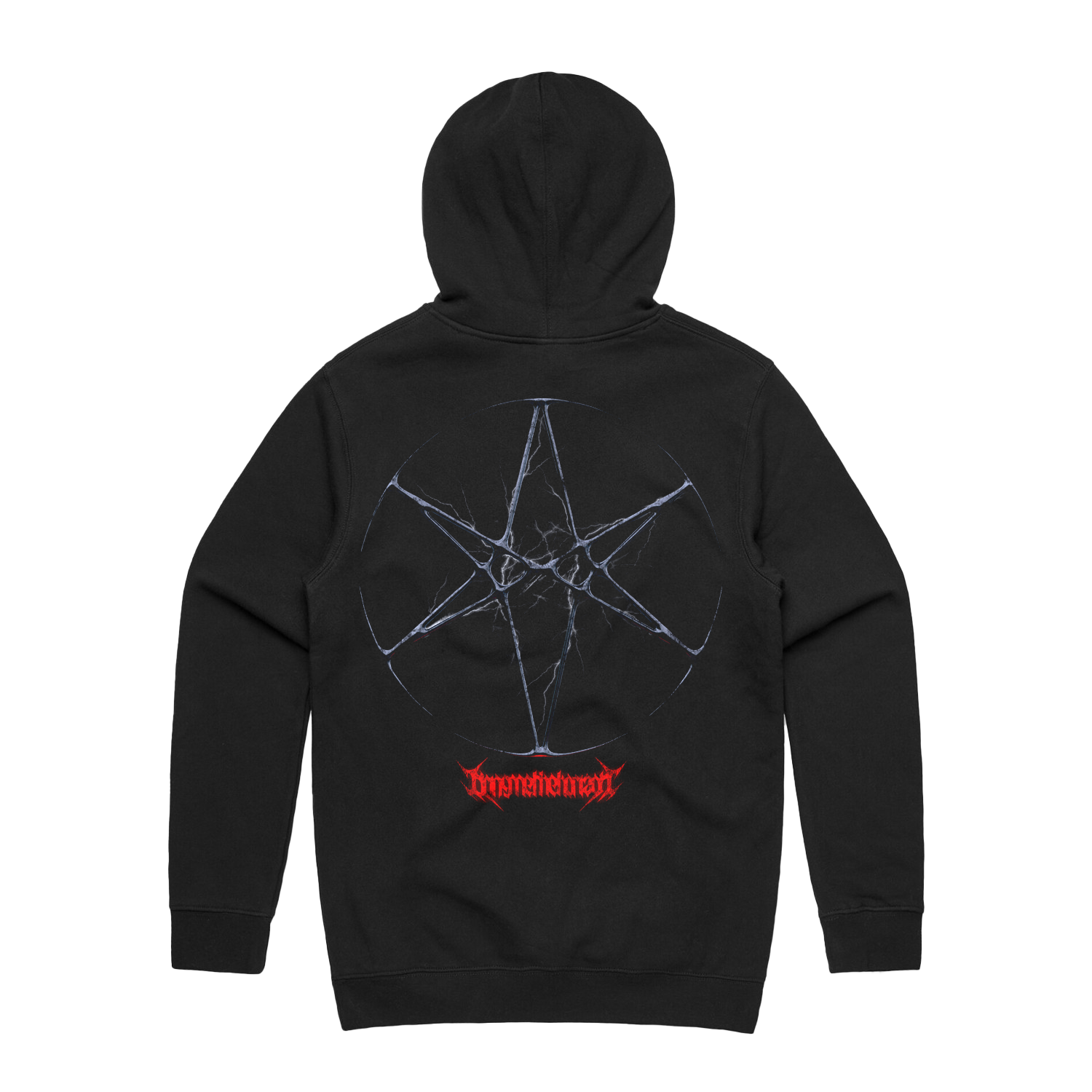 Black unisex regular fit hoodie with drawstring hood and kangaroo pocket on the front, featuring BMTH thorn skull print across the front and hex print across the back.