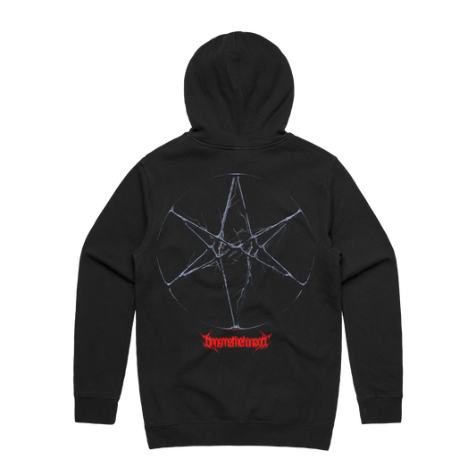 Black unisex regular fit hoodie with drawstring hood and kangaroo pocket on the front, featuring BMTH thorn skull print across the front and hex print across the back.