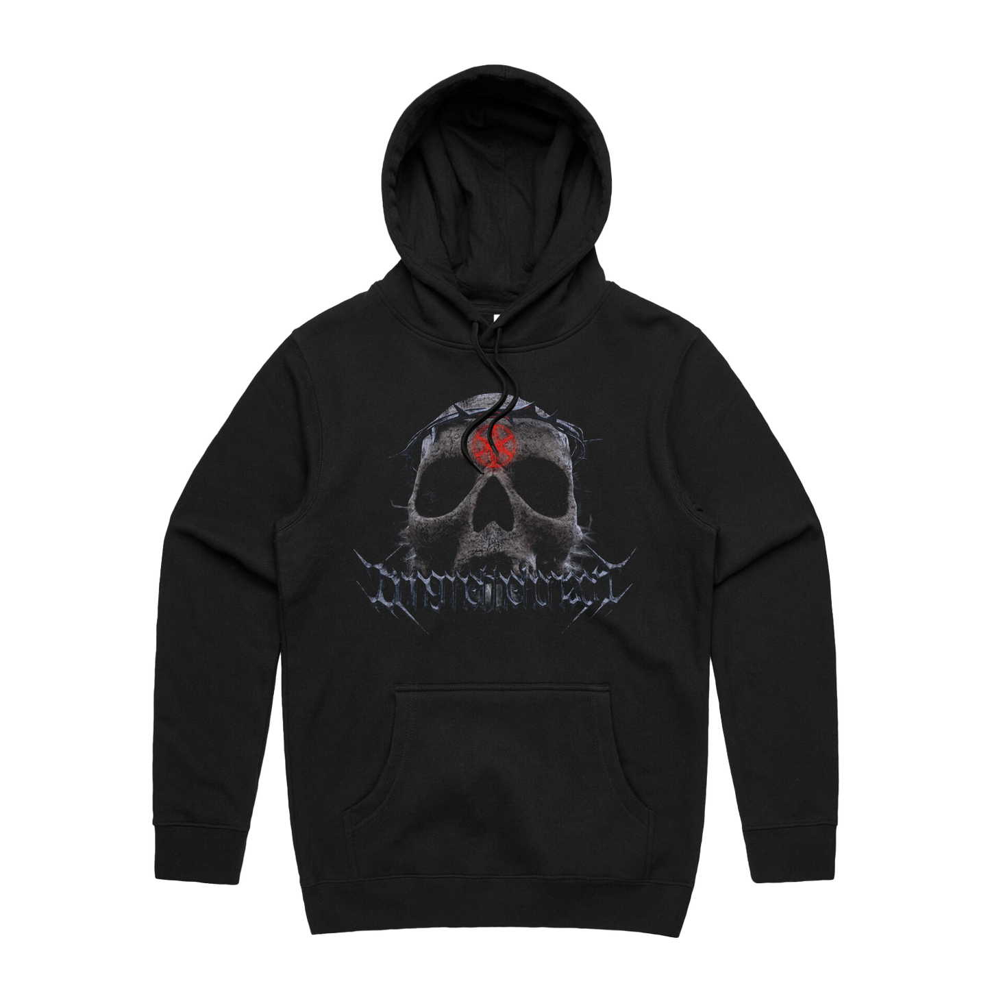 Black unisex regular fit hoodie with drawstring hood and kangaroo pocket on the front, featuring BMTH thorn skull print across the front and hex print across the back.