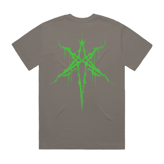 Charcoal unisex short-sleeve regular fit T-shirt with green spiky Bring Me the Horizon text print across the front and green spiky hex print across the back.