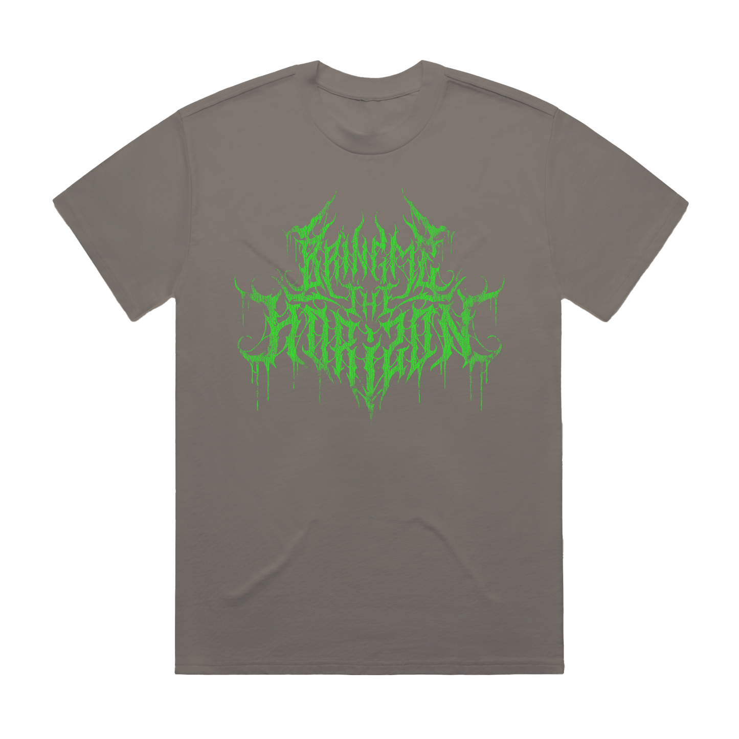 Charcoal unisex short-sleeve regular fit T-shirt with green spiky Bring Me the Horizon text print across the front and green spiky hex print across the back.